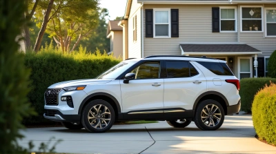 Bright SUV Near Two-Story Home With Greenery