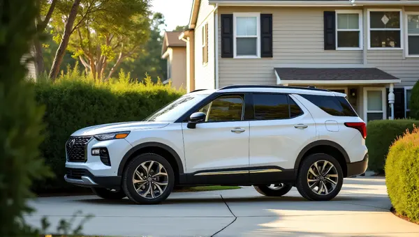 Bright SUV Near Two-Story Home With Greenery
