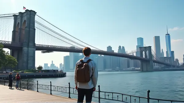 Person standing on a waterfront promenade looking at Brooklyn Bridge's steel cables and arches under clear sky.