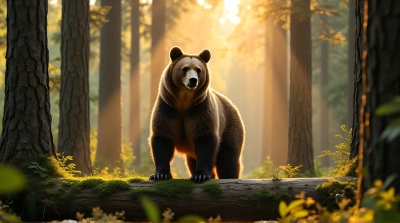 Brown Bear On Mossy Log In Sunlit Pines