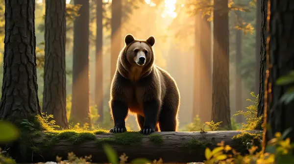 Brown Bear On Mossy Log In Sunlit Pines
