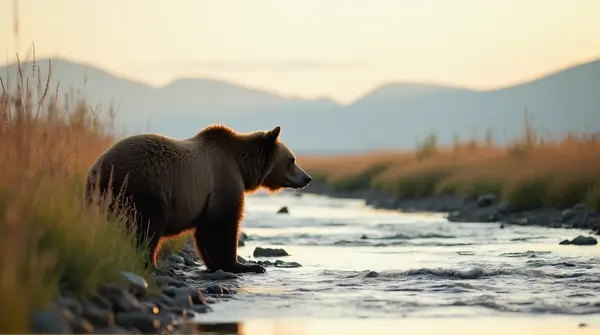 A solitary brown bear stands by a flowing river surrounded by tall grasses and hills in soft morning light.