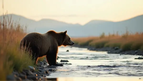 Brown Bear Near Riverbank At Sunrise