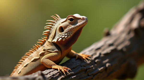 Close-up of a brown bearded dragon resting on rough bark with sunlight casting shadows on its spiny back.