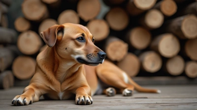 Brown Dog Resting by Rustic Logs Outdoors