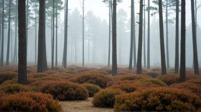 Brown Green Shrubs And Tall Tree Trunks Misty