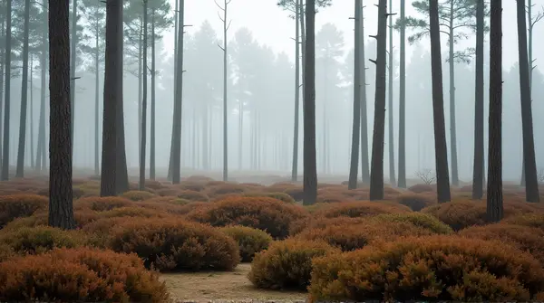 Cluster of brown and green shrubs with tall tree trunks in a misty scene under an overcast sky