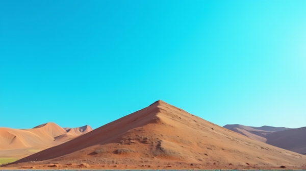 Low-angle view of a brown mountain formation under a clear cerulean sky emphasizing sharp contours.