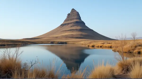Brown Peak Near Tranquil Lake Under Clear Sky