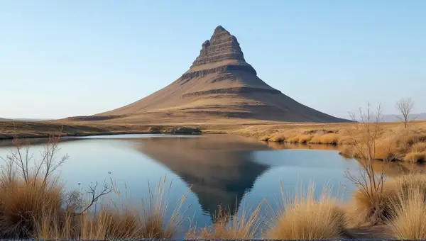 Brown Peak Near Tranquil Lake Under Clear Sky