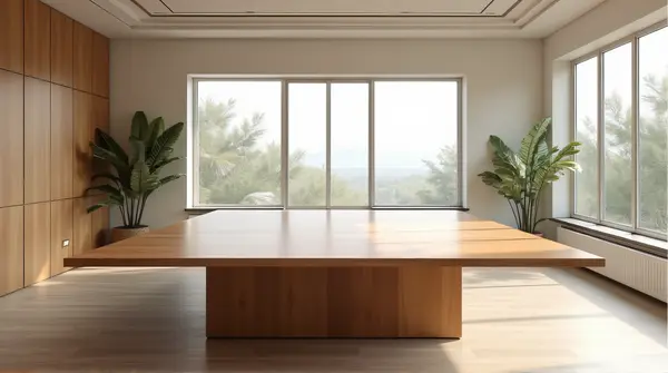 Brown Rectangular Dining Table In Bright Spacious Room
