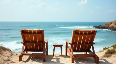 Brown Slatted Lounge Seats By Calm Coastal Waves