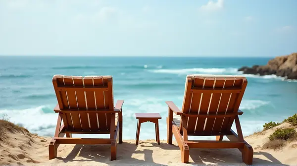 Two brown slatted lounge seats on coastal terrain with calm waves under bright daylight from low angle