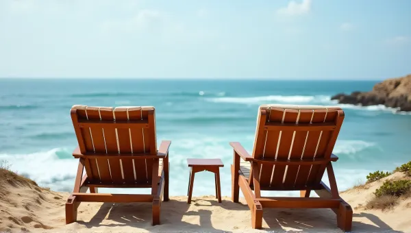Brown Slatted Lounge Seats By Calm Coastal Waves