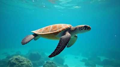 Brown Turtle Gliding Through Clear Blue Ocean