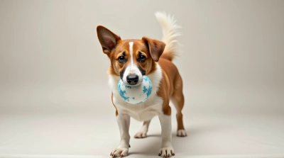 Brown White Dog Holding Blue Ball Playful Pet