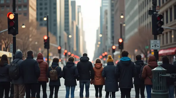 Group of pedestrians standing at a busy intersection with traffic lights and tall buildings in daylight