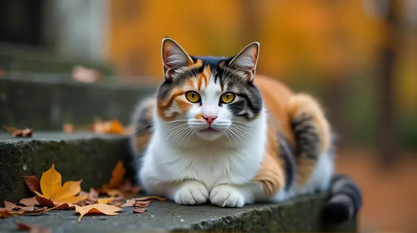 Calico cat with orange, black, and white fur perched on a weathered stone ledge surrounded by scattered autumn leaves.