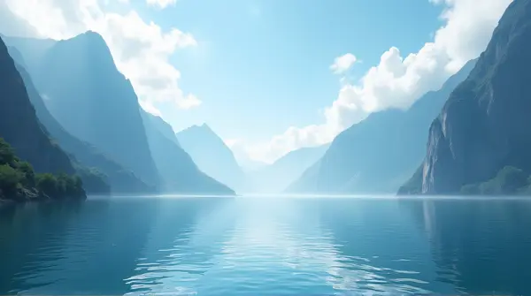 Tranquil lake framed by towering peaks under scattered white vapor and bright daylight sky
