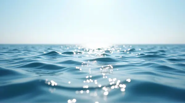 Wide view of a calm lake with rippling edges under a clear blue sky from low angle