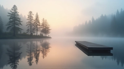 Calm Lakeside Dawn With Mist And Pine Trees