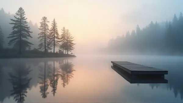 Calm Lakeside Dawn With Mist And Pine Trees