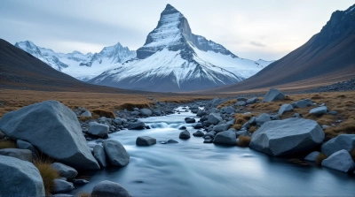 Calm Stream and Rocky Terrain Under Snowy Peak