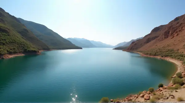 Calm Waterbody Between Green Hill And Rugged Ridge