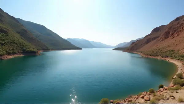 Calm Waterbody Between Green Hill And Rugged Ridge