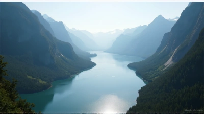 Calm Waterway Between Towering Tree-Covered Peaks