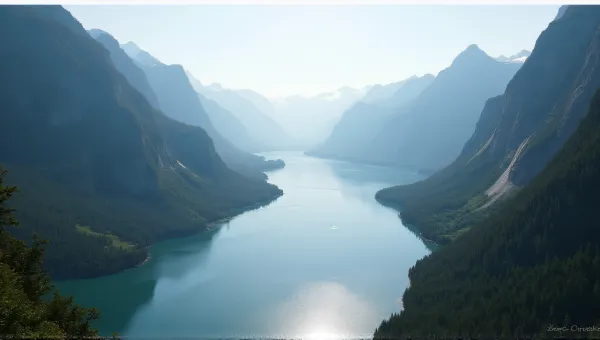 Calm Waterway Between Towering Tree-Covered Peaks