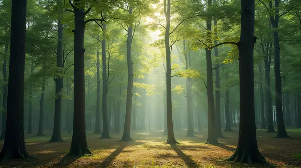 A peaceful woodland scene with tall slender tree trunks and soft light filtering through leafy branches above.