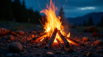 Campfire Blaze on Rocky Ground at Night