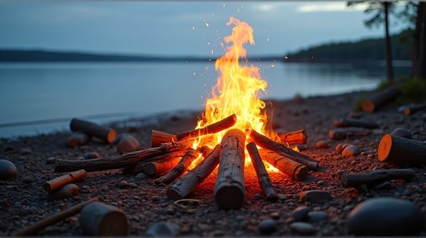 A campfire flickers beside a shimmering lake with logs framing glowing embers under a clear sky.