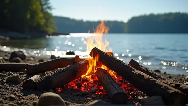 Campfire By Lake With Flickering Embers And Logs