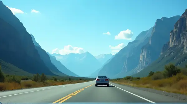 Car Driving Along Scenic Highway Near Tall Peaks