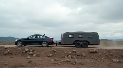 Car Towing Trailer On Rough Terrain Under Cloudy Sky