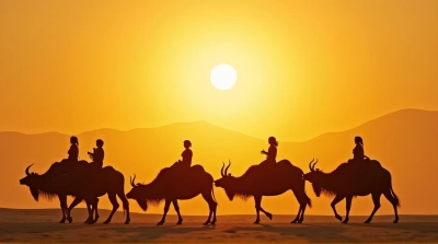 Caravan Crossing Sandy Terrain At Twilight