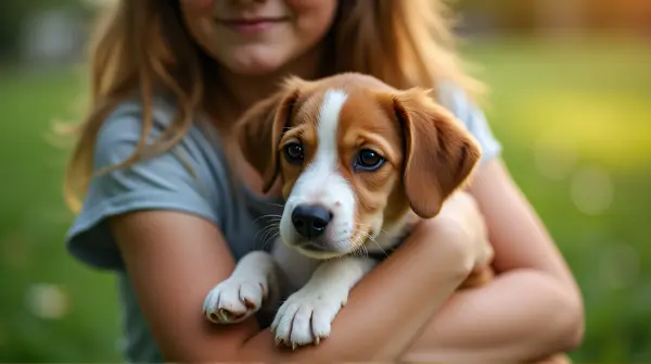 Caring Embrace With Dog In Soft Natural Light