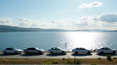 Cars Driving By Scenic Lakeside With Hills And Clouds
