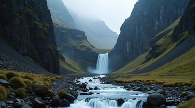 Cascading Stream Amid Jagged Cliffs And Valleys