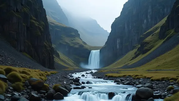 Cascading Stream Amid Jagged Cliffs And Valleys
