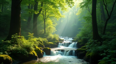 Cascading Streams Through Lush Green Woodland