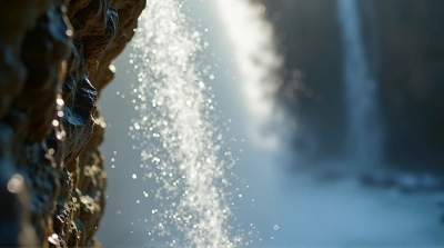 Cascading Water Droplets On Rocky Cliff