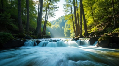 Cascading Water Motion Blur With Vibrant Foliage