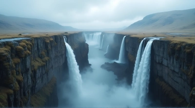 Cascading Waterfall Amid Towering Cliffs And Mist