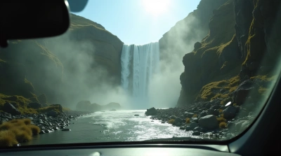Cascading Waterfall Over Rugged Cliffs Sunlit
