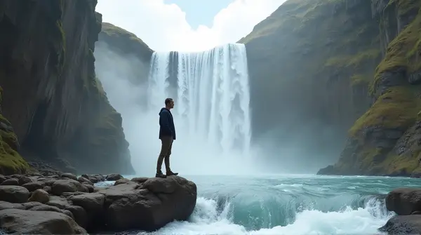 Casual Person Standing Near Cascading Waterfall Mist