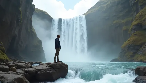 Casual Person Standing Near Cascading Waterfall Mist