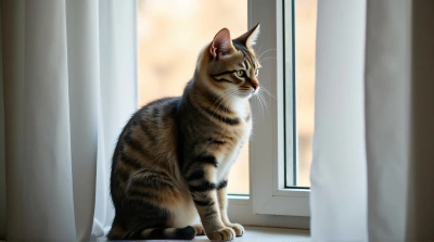 Cat Gazing Outside Through Drapes With Focused Expression